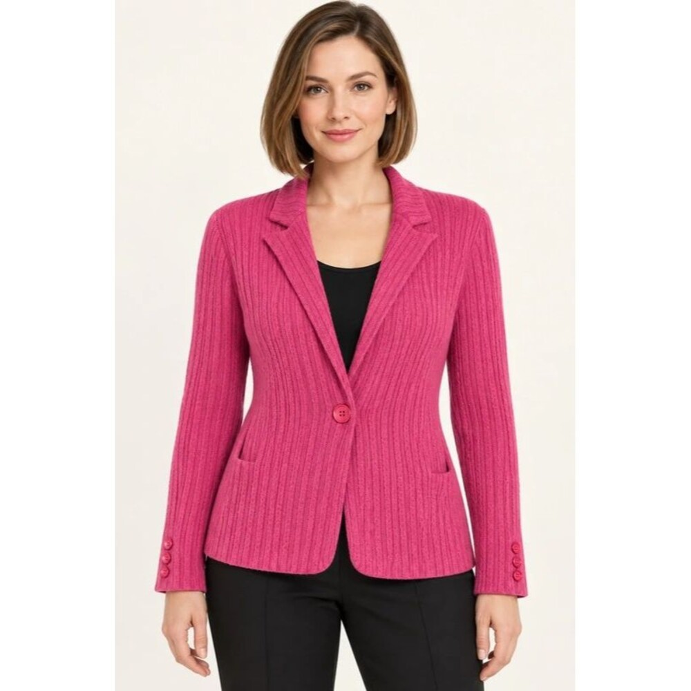 Koret Cardigan Preppy Classic Ribbed Knit Blazer Pink Cotton Blend L